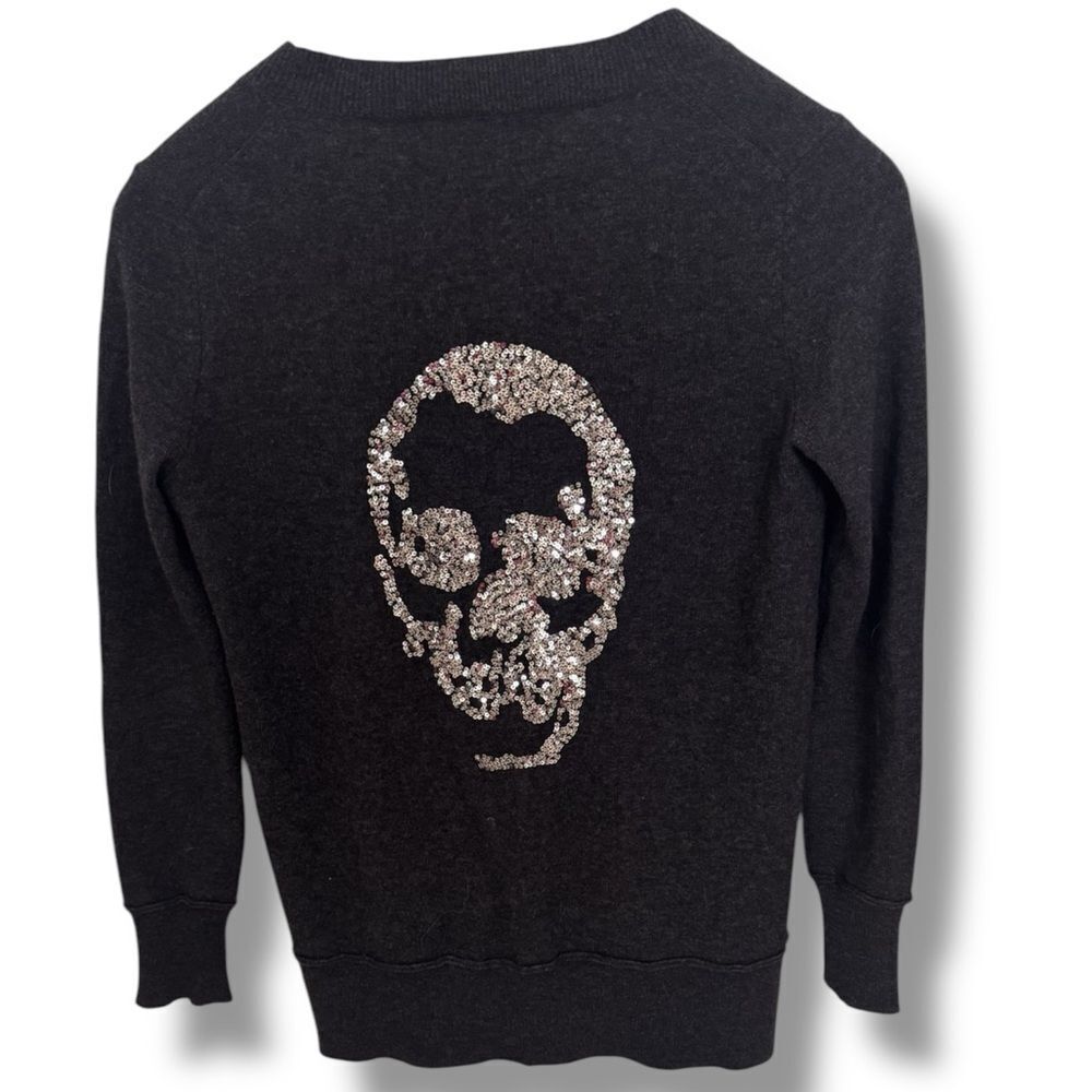 360 Cashmere Wool Dark Gray Skull Sequined Sweater Women's Cardigan Size XS